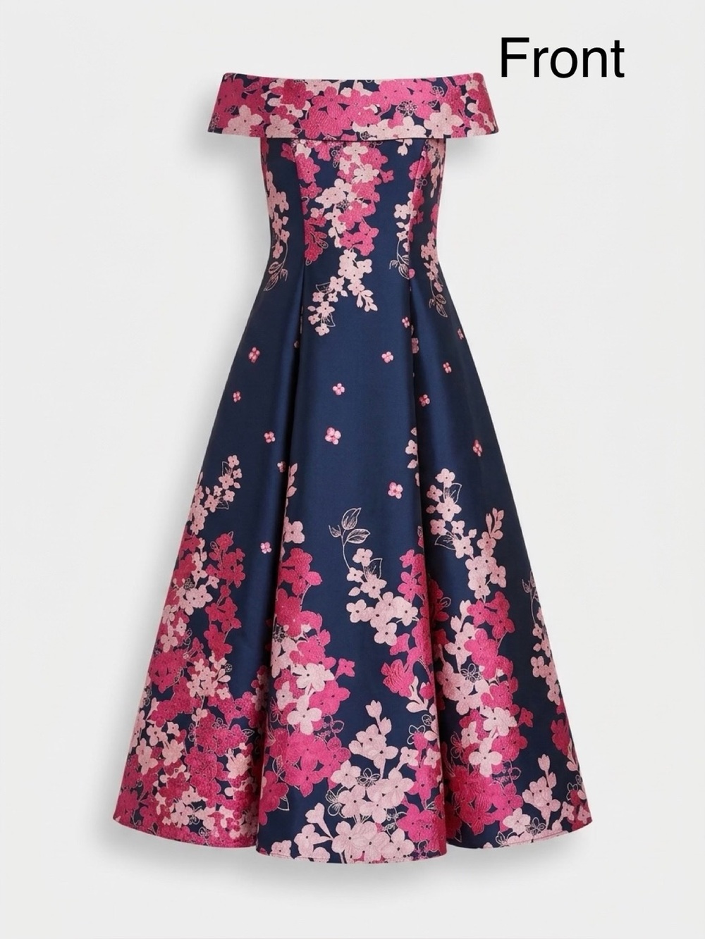Adrianna Papell Navy Off the shoulder a-line dress with pink floral pattern